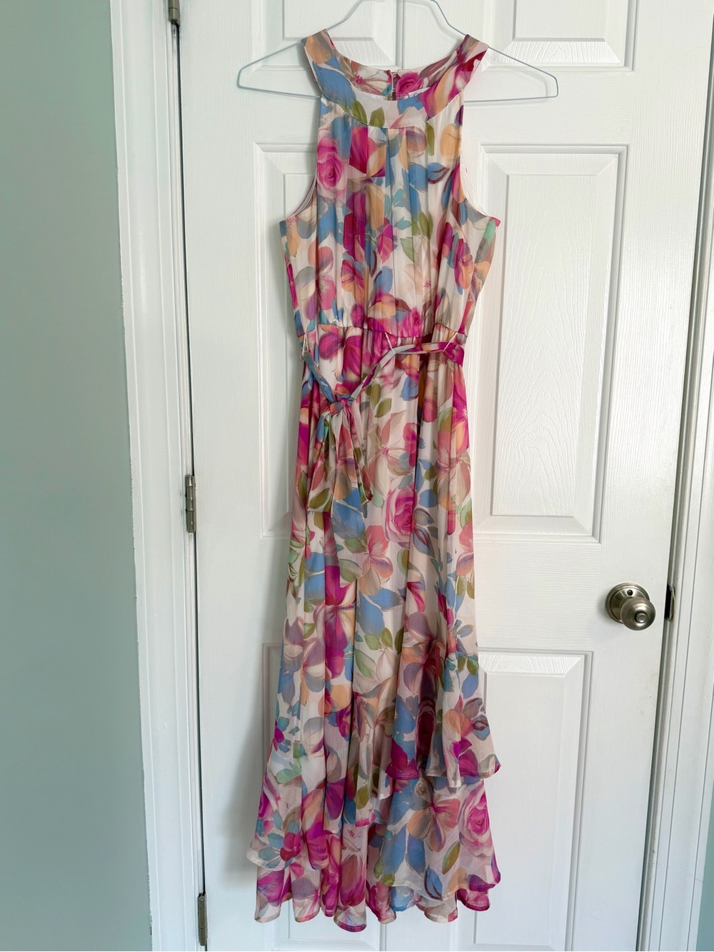 Calvin Klein Women's Floral Chiffon Halter Maxi Dress Pink Purple Flowy 6